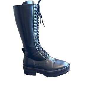 ZARA Black Leather Lace-Up Knee High Combat Boots Lug Sole Platform Women’s  6.5